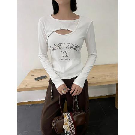 FA55195# 纯欲辣妹镂空字母印花加绒长袖T恤女冬修身打底衫百搭上衣 服裝批發女裝批發服飾貨源
