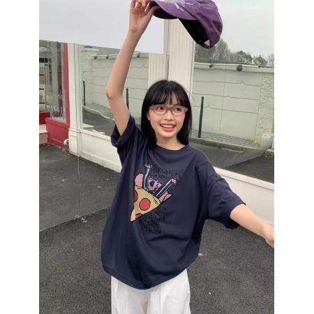 FA55196# 棉印花披萨图案短袖T恤女 服裝批發女裝批發服飾貨源