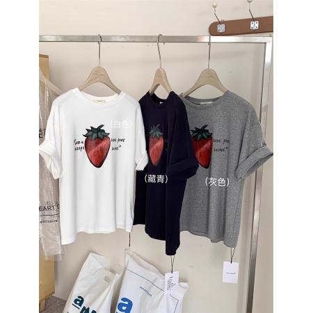 FA55198# 棉设计感草莓印花宽松短袖T恤 服裝批發女裝批發服飾貨源