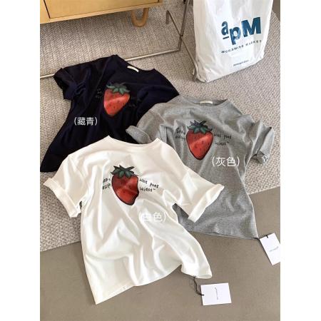 FA55198# 棉设计感草莓印花宽松短袖T恤 服裝批發女裝批發服飾貨源