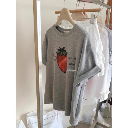 FA55198# 棉设计感草莓印花宽松短袖T恤 服裝批發女裝批發服飾貨源