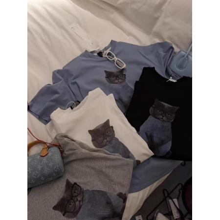 FA55199# 棉猫咪卡通印花短袖T恤女印花 服裝批發女裝批發服飾貨源