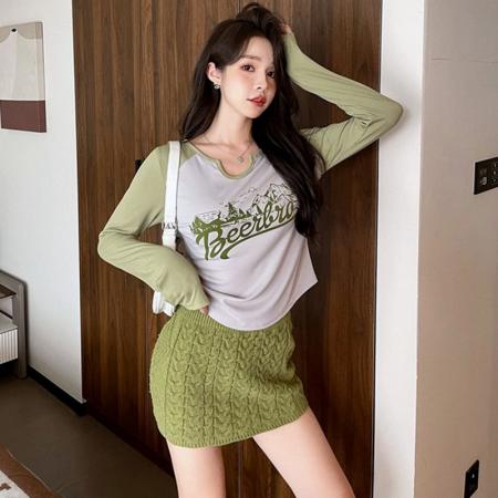 FA55202# 撞色正肩长袖T恤女打底衫秋冬季爆款字母印花内搭短款上衣 服裝批發女裝批發服飾貨源