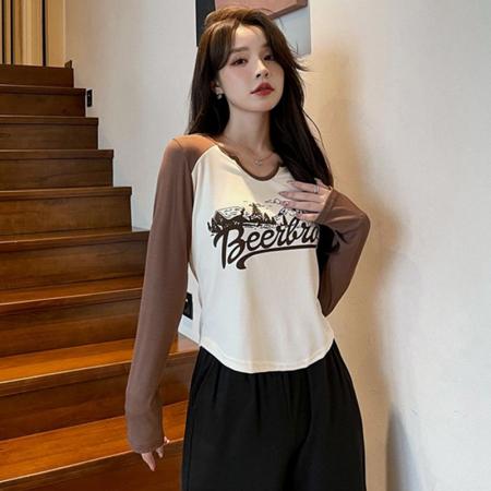 FA55202# 撞色正肩长袖T恤女打底衫秋冬季爆款字母印花内搭短款上衣 服裝批發女裝批發服飾貨源