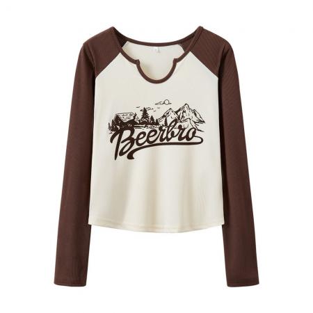 FA55202# 撞色正肩长袖T恤女打底衫秋冬季爆款字母印花内搭短款上衣 服裝批發女裝批發服飾貨源