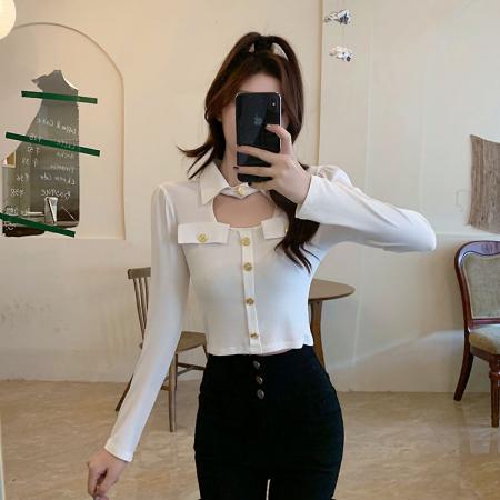 FA55203# 设计感小众小心机金属扣POLO领修身长袖T恤女秋冬新款上衣 服裝批發女裝批發服飾貨源