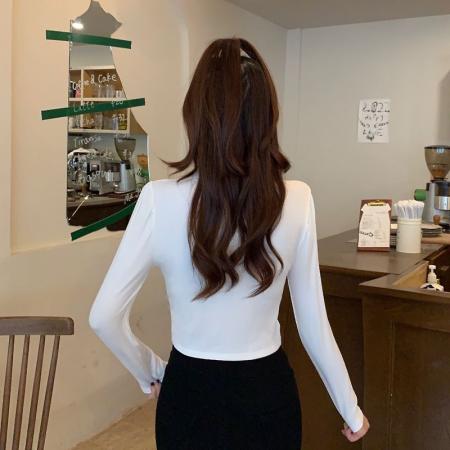 FA55203# 设计感小众小心机金属扣POLO领修身长袖T恤女秋冬新款上衣 服裝批發女裝批發服飾貨源