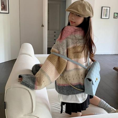 FA55204# 彩色条纹针织开衫女新款秋冬季慵懒洋气休闲时尚软糯镂空毛衣外套 服裝批發女裝批發服飾貨源