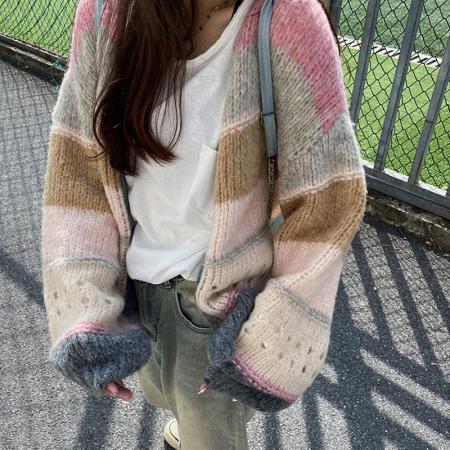 FA55204# 彩色条纹针织开衫女新款秋冬季慵懒洋气休闲时尚软糯镂空毛衣外套 服裝批發女裝批發服飾貨源