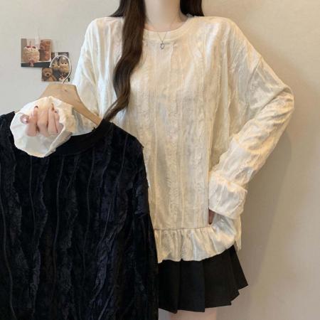 FA55205# 春秋新款圆领植绒个性百搭T恤女大码宽松显瘦遮肉单上衣 服裝批發女裝批發服飾貨源