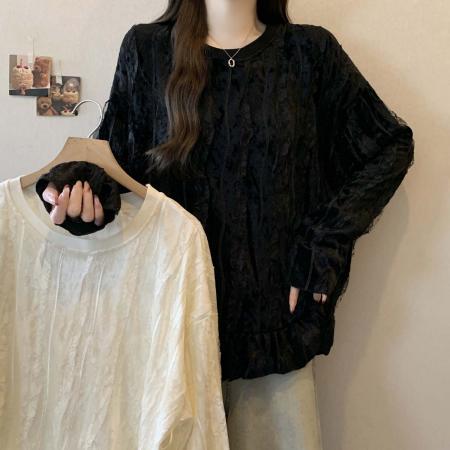 FA55205# 春秋新款圆领植绒个性百搭T恤女大码宽松显瘦遮肉单上衣 服裝批發女裝批發服飾貨源