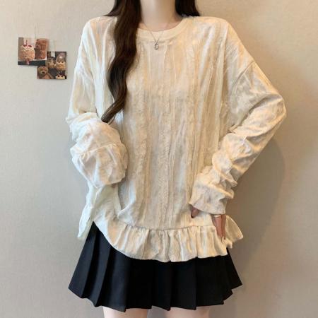 FA55205# 春秋新款圆领植绒个性百搭T恤女大码宽松显瘦遮肉单上衣 服裝批發女裝批發服飾貨源