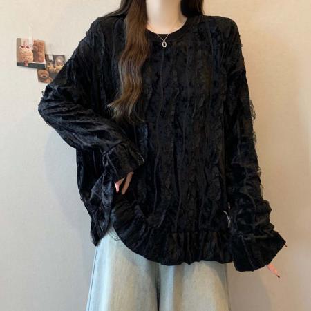 FA55205# 春秋新款圆领植绒个性百搭T恤女大码宽松显瘦遮肉单上衣 服裝批發女裝批發服飾貨源