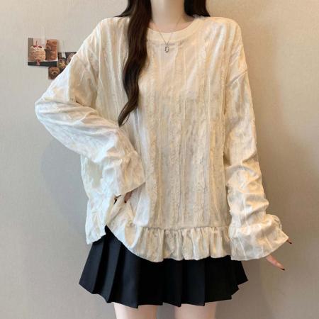 FA55205# 春秋新款圆领植绒个性百搭T恤女大码宽松显瘦遮肉单上衣 服裝批發女裝批發服飾貨源