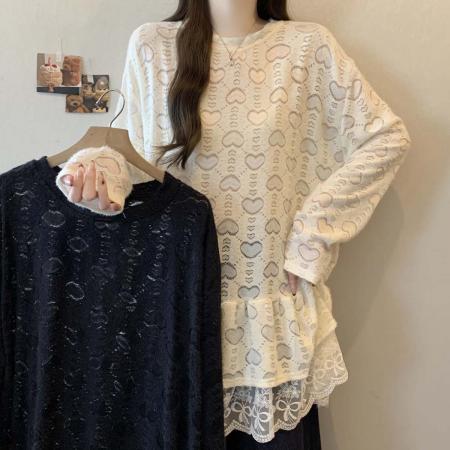 FA55206# 春秋新款圆领拼接百搭T恤蕾丝衫大码宽松显瘦休闲单上衣 服裝批發女裝批發服飾貨源