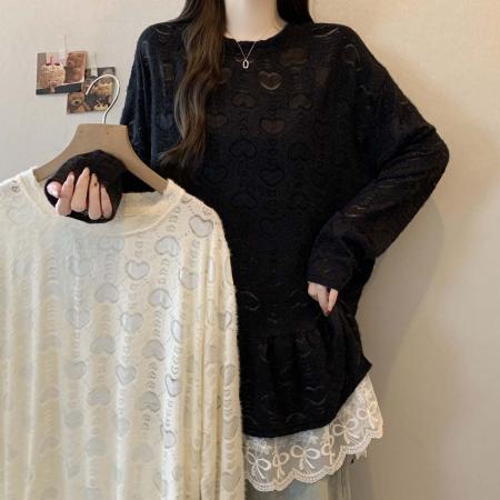 FA55206# 春秋新款圆领拼接百搭T恤蕾丝衫大码宽松显瘦休闲单上衣 服裝批發女裝批發服飾貨源