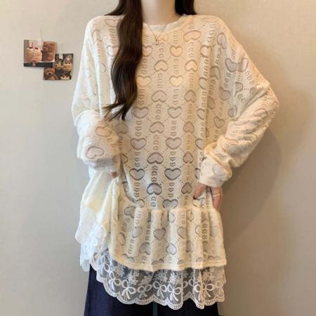 FA55206# 春秋新款圆领拼接百搭T恤蕾丝衫大码宽松显瘦休闲单上衣 服裝批發女裝批發服飾貨源
