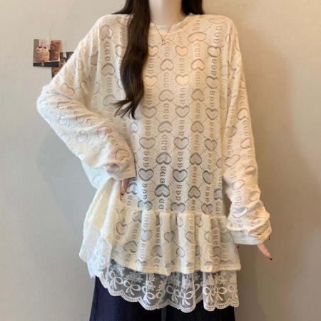 FA55206# 春秋新款圆领拼接百搭T恤蕾丝衫大码宽松显瘦休闲单上衣 服裝批發女裝批發服飾貨源