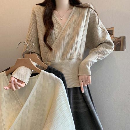 FA55207# 早春新款条纹简约V领打底衫针织毛衣大码休闲显瘦上衣 服裝批發女裝批發服飾貨源