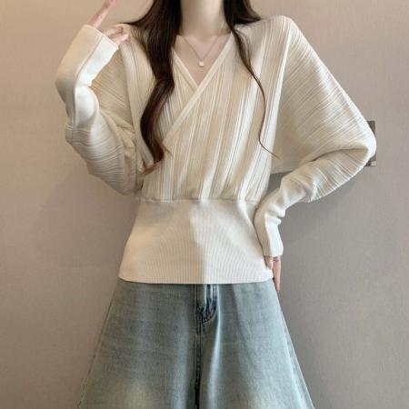 FA55207# 早春新款条纹简约V领打底衫针织毛衣大码休闲显瘦上衣 服裝批發女裝批發服飾貨源