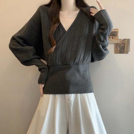 FA55207# 早春新款条纹简约V领打底衫针织毛衣大码休闲显瘦上衣 服裝批發女裝批發服飾貨源