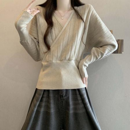 FA55207# 早春新款条纹简约V领打底衫针织毛衣大码休闲显瘦上衣 服裝批發女裝批發服飾貨源