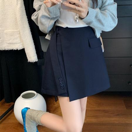 FA55208# ～春高腰不规则飘带西装短裤遮肉显瘦a字半身裙 服裝批發女裝批發服飾貨源