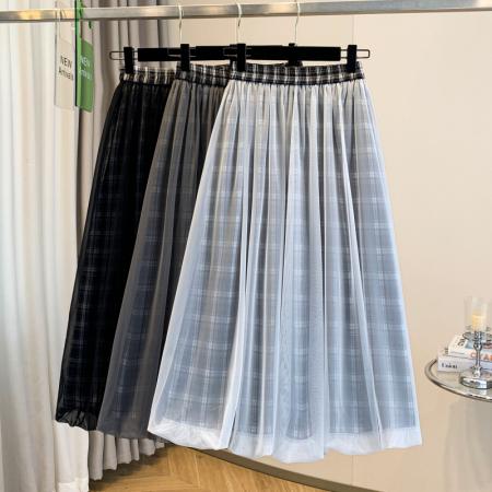 FA55211# 大码女装春夏新款胖mm气质网纱拼接格子花苞裙正反两穿半身裙 服裝批發女裝批發服飾貨源