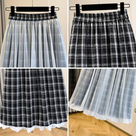 FA55211# 大码女装春夏新款胖mm气质网纱拼接格子花苞裙正反两穿半身裙 服裝批發女裝批發服飾貨源