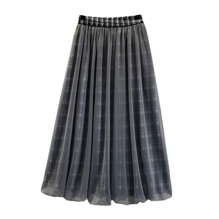 FA55211# 大码女装春夏新款胖mm气质网纱拼接格子花苞裙正反两穿半身裙 服裝批發女裝批發服飾貨源