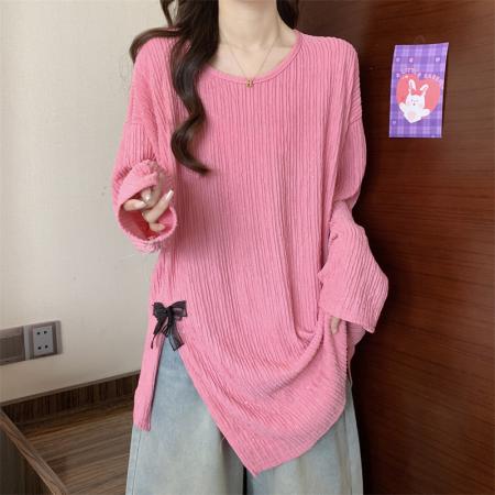 FA55213# 春季新款胖MM大码设计感蝴蝶结不规则开叉韩版宽松长袖衫 服裝批發女裝批發服飾貨源