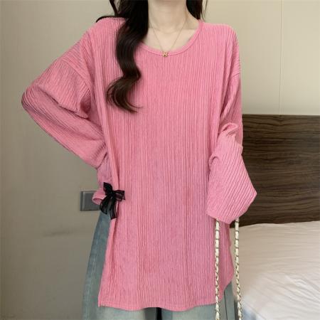 FA55213# 春季新款胖MM大码设计感蝴蝶结不规则开叉韩版宽松长袖衫 服裝批發女裝批發服飾貨源