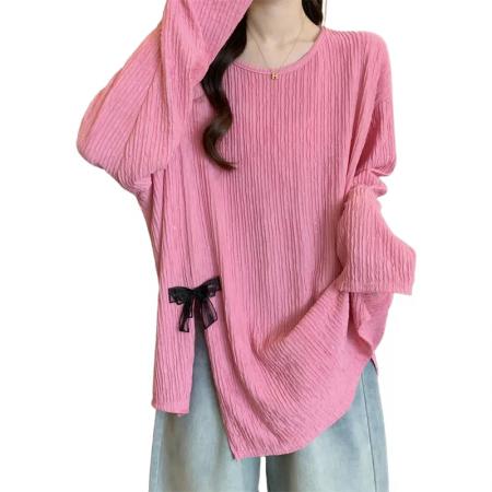 FA55213# 春季新款胖MM大码设计感蝴蝶结不规则开叉韩版宽松长袖衫 服裝批發女裝批發服飾貨源