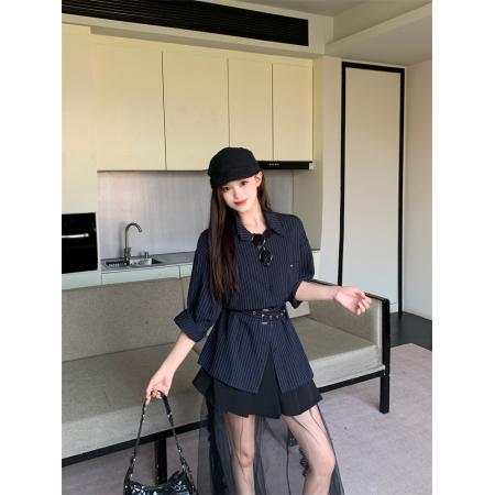 FA55214# 舒适百搭时尚条纹腰带衬衫 服裝批發女裝批發服飾貨源