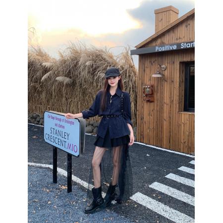 FA55214# 舒适百搭时尚条纹腰带衬衫 服裝批發女裝批發服飾貨源