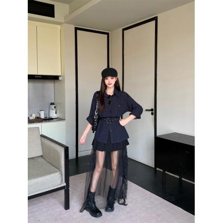 FA55214# 舒适百搭时尚条纹腰带衬衫 服裝批發女裝批發服飾貨源