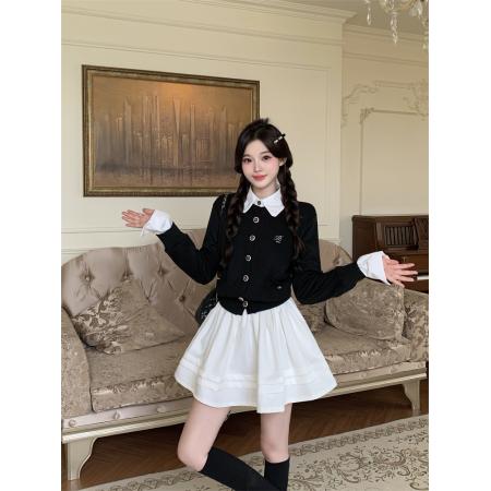 FA55215# 撞色拼接假两件针织开衫外套木耳边百褶裙套装 服裝批發女裝批發服飾貨源