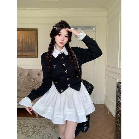 FA55215# 撞色拼接假两件针织开衫外套木耳边百褶裙套装 服裝批發女裝批發服飾貨源