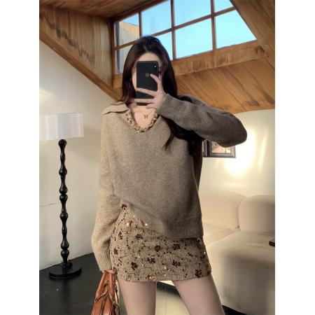 FA55216# 法式轻熟时尚套装女V领纯色简约宽松毛衣女亮片显瘦半裙两件套 服裝批發女裝批發服飾貨源