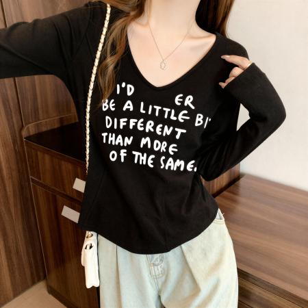 FA55217# 纯棉超好看长袖t恤女秋季新款大码胖MM显瘦修身内搭打底衫v领上衣 服裝批發女裝批發服飾貨源