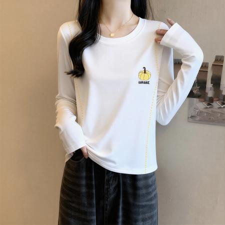 FA55219# 大码纯棉白色正肩长袖t恤女秋季新款胖MM休闲百搭显瘦打底衫 服裝批發女裝批發服飾貨源