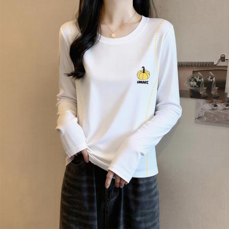 FA55219# 大码纯棉白色正肩长袖t恤女秋季新款胖MM休闲百搭显瘦打底衫 服裝批發女裝批發服飾貨源