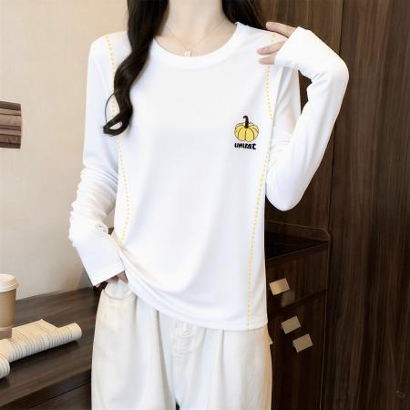 FA55219# 大码纯棉白色正肩长袖t恤女秋季新款胖MM休闲百搭显瘦打底衫 服裝批發女裝批發服飾貨源