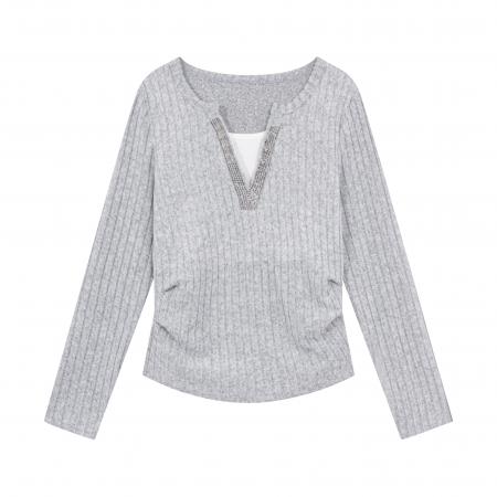 FA55220# 大码欧货重工烫钻V领假两件T恤女秋季胖mm显瘦洋气高级感上衣 服裝批發女裝批發服飾貨源