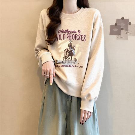 FA55221# 美式慵懒风印花圆领卫衣女秋季新款大码胖mm宽松显瘦减龄长袖上衣 服裝批發女裝批發服飾貨源