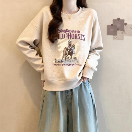 FA55221# 美式慵懒风印花圆领卫衣女秋季新款大码胖mm宽松显瘦减龄长袖上衣 服裝批發女裝批發服飾貨源