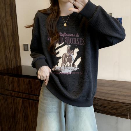 FA55221# 美式慵懒风印花圆领卫衣女秋季新款大码胖mm宽松显瘦减龄长袖上衣 服裝批發女裝批發服飾貨源