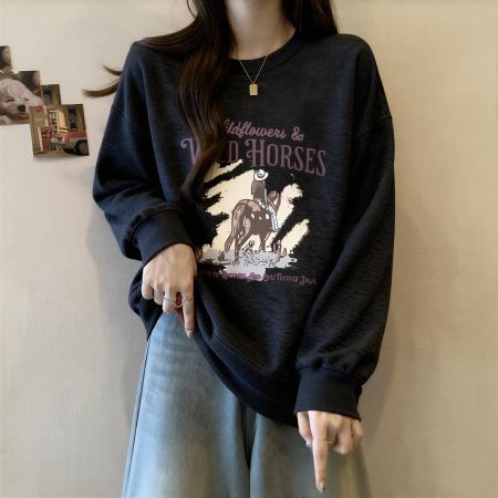 FA55221# 美式慵懒风印花圆领卫衣女秋季新款大码胖mm宽松显瘦减龄长袖上衣 服裝批發女裝批發服飾貨源