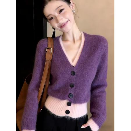 FA55223# 上衣新款假两件设计慵懒秋冬毛衣撞色时尚针织外套开衫宽松 服裝批發女裝批發服飾貨源