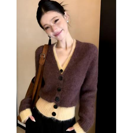 FA55223# 上衣新款假两件设计慵懒秋冬毛衣撞色时尚针织外套开衫宽松 服裝批發女裝批發服飾貨源